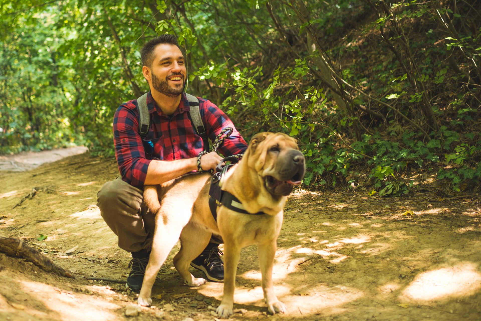 man wearing checkered shirt and smiling with his dog in the woods